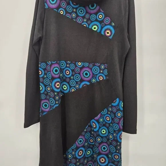 Coline Cowl Neck Dress Size Large Artsy Art to Wear Black Blue Long Sleeve - Picture 3 of 9